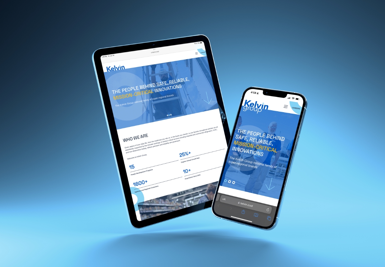 A tablet and smartphone display a website with the header Kelvin. The site promotes safe, reliable, mission-critical innovations. The tablet shows a Who We Are section with numbers and text. The background is a gradient of blue tones.
