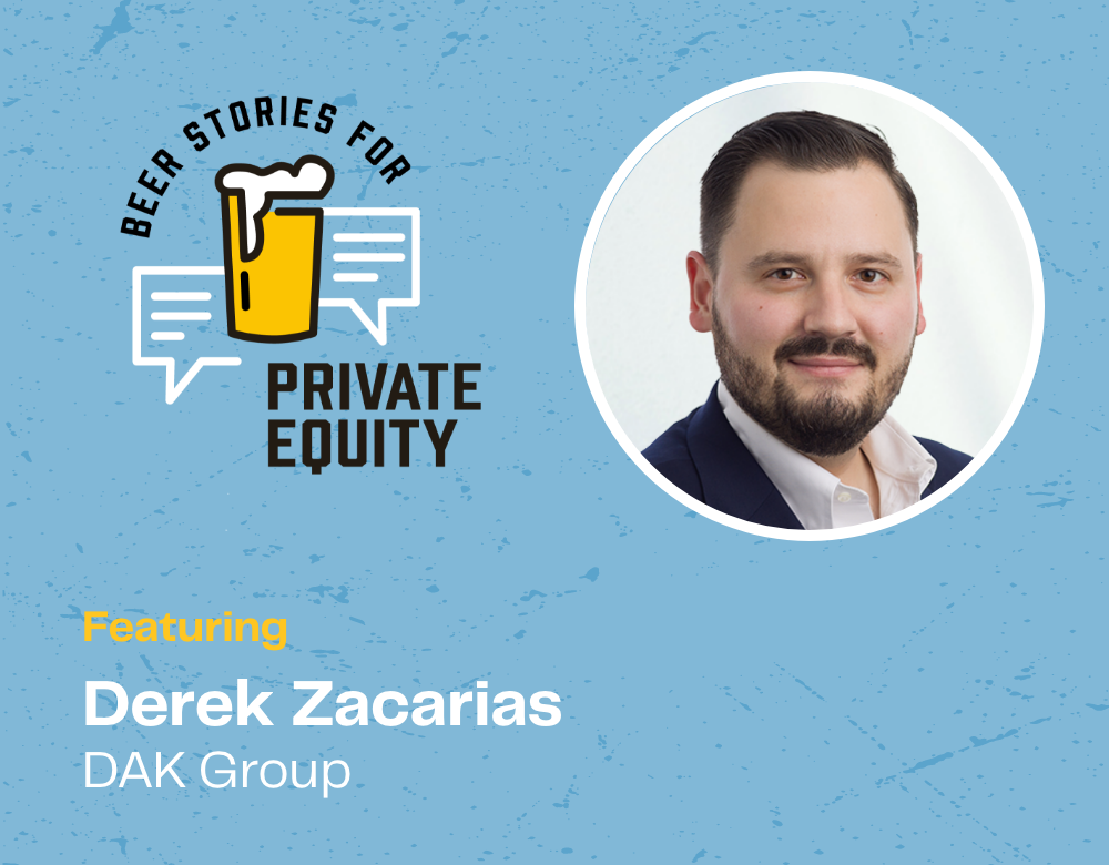 Graphic for Beer Stories for Private Equity podcast with a photo of a man in a suit. The design includes a beer mug with speech bubbles. Text states Featuring Derek Zacarias, DAK Group on a blue textured background.