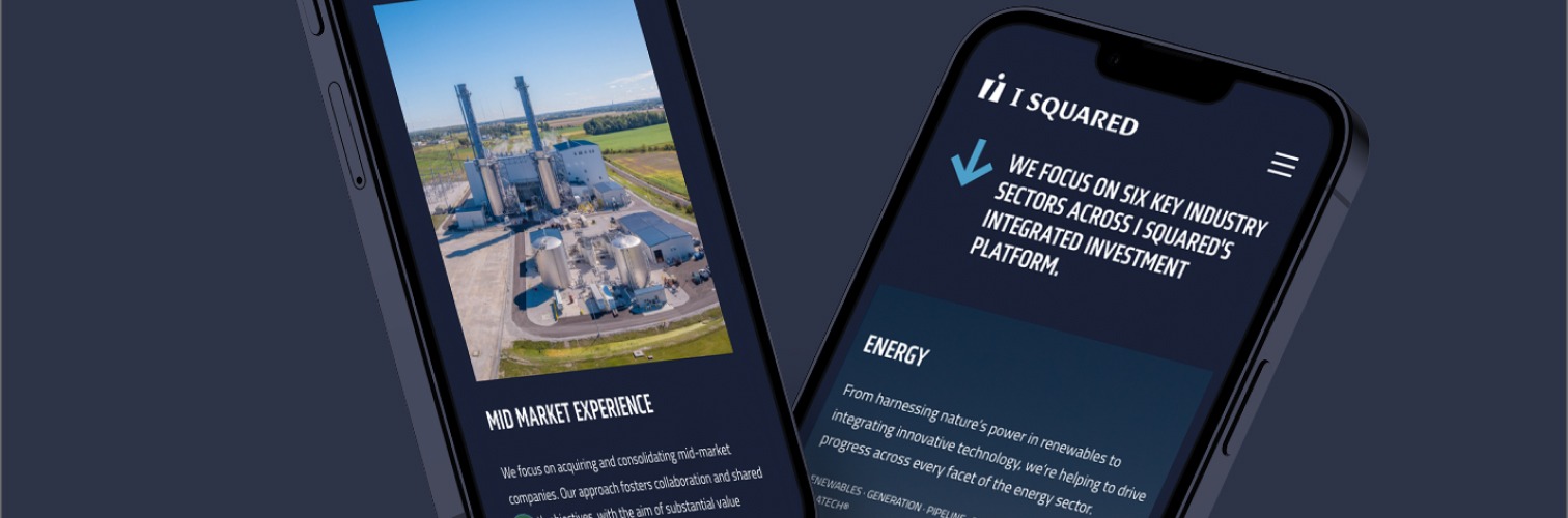 Two smartphones showcase an industrial companys mobile website: the left screen presents an aerial view of a power plant, while the right features text on energy sector investments, highlighting private equity opportunities. The background is a sleek dark gradient.