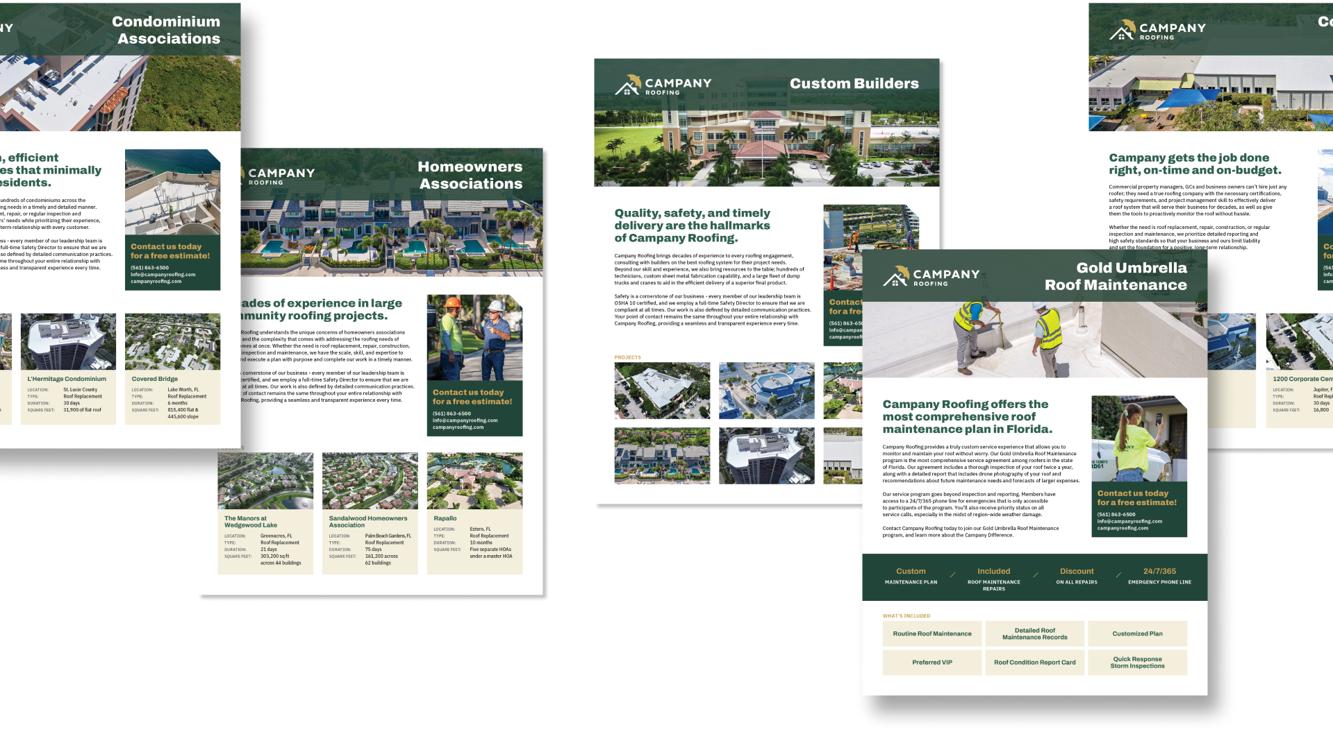 A set of five promotional brochures for Campany Roofing. Each features images of buildings and services, with titles like Condominium Associations, Homeowners Associations, Custom Builders, and Gold Umbrella Roof Maintenance.