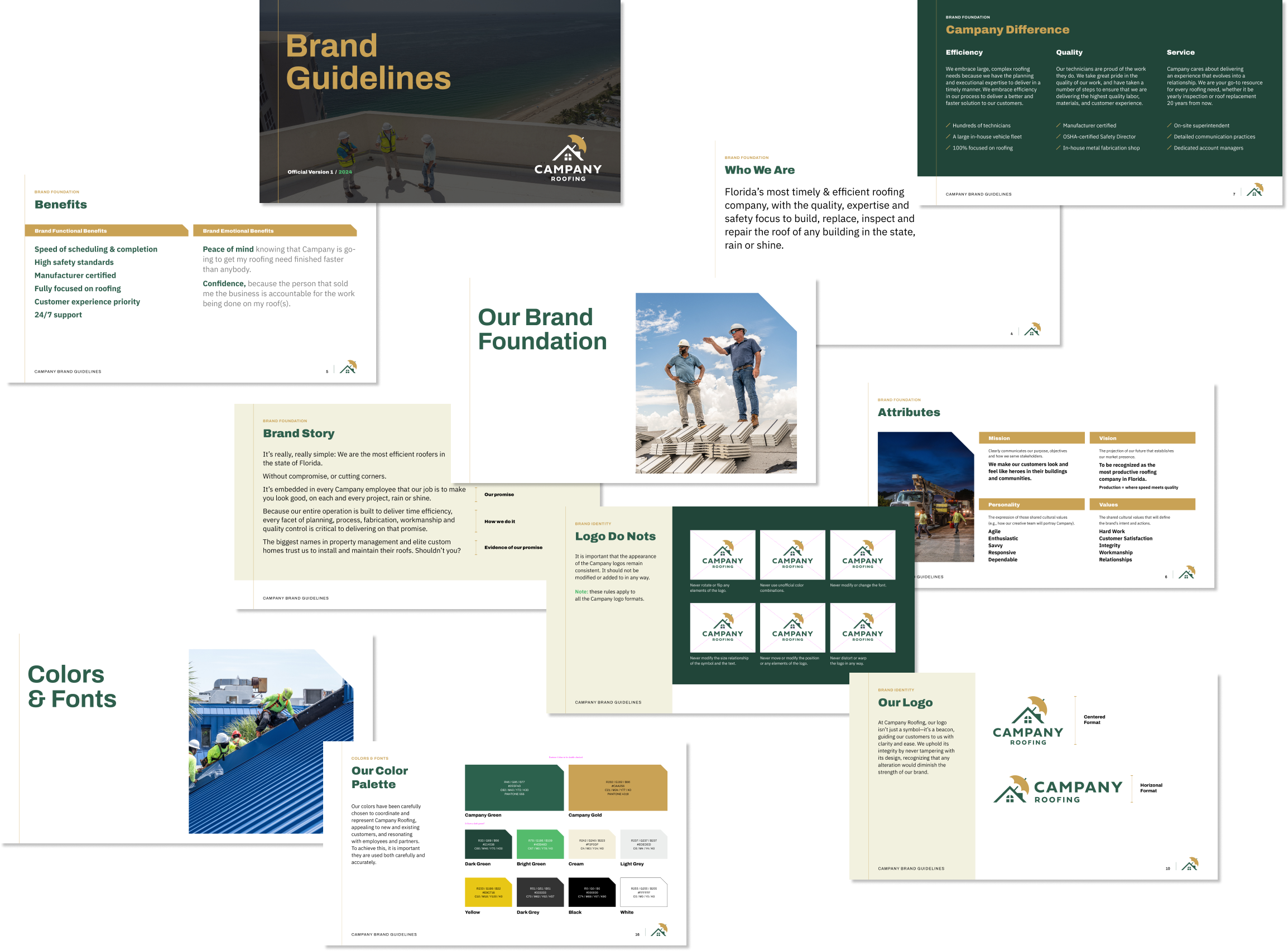 A collage of slides from a brand guidelines document, showcasing sections like Benefits, Brand Foundation, Logo Do Nots, Colors & Fonts, and Attributes, with images of people, construction elements, and various text.