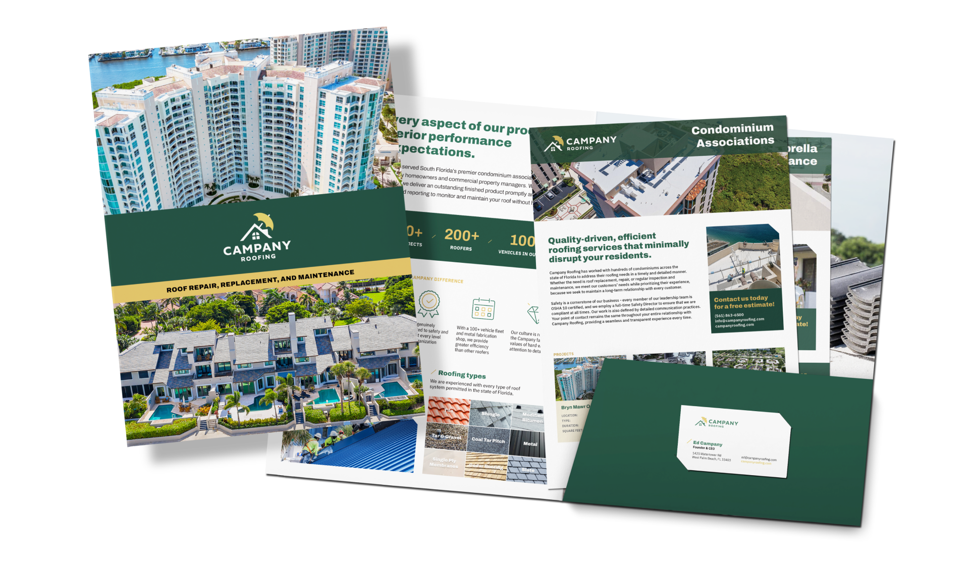 A multi-page brochure featuring roofing services. The cover highlights an aerial view of high-rise buildings and residential houses. Inside, there are sections on property management, roofing types, and customer testimonials.