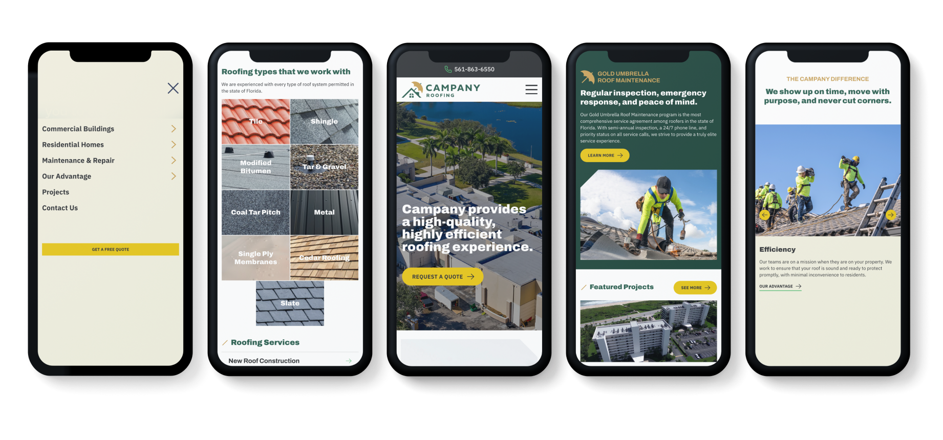 Five smartphones display various screens of a roofing companys website. The screens feature roofing types, company contact info, a quote request button, roof maintenance images, and completed project photos.