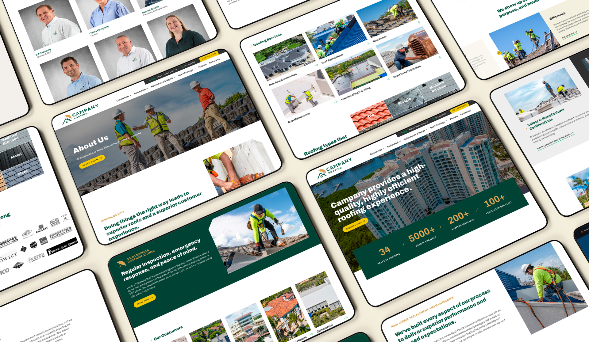 Tablet screens display various web pages for Catalan Building Solutions, featuring construction projects, roofing details, and business information. Some pages show workers in safety gear, and others highlight company achievements and history.