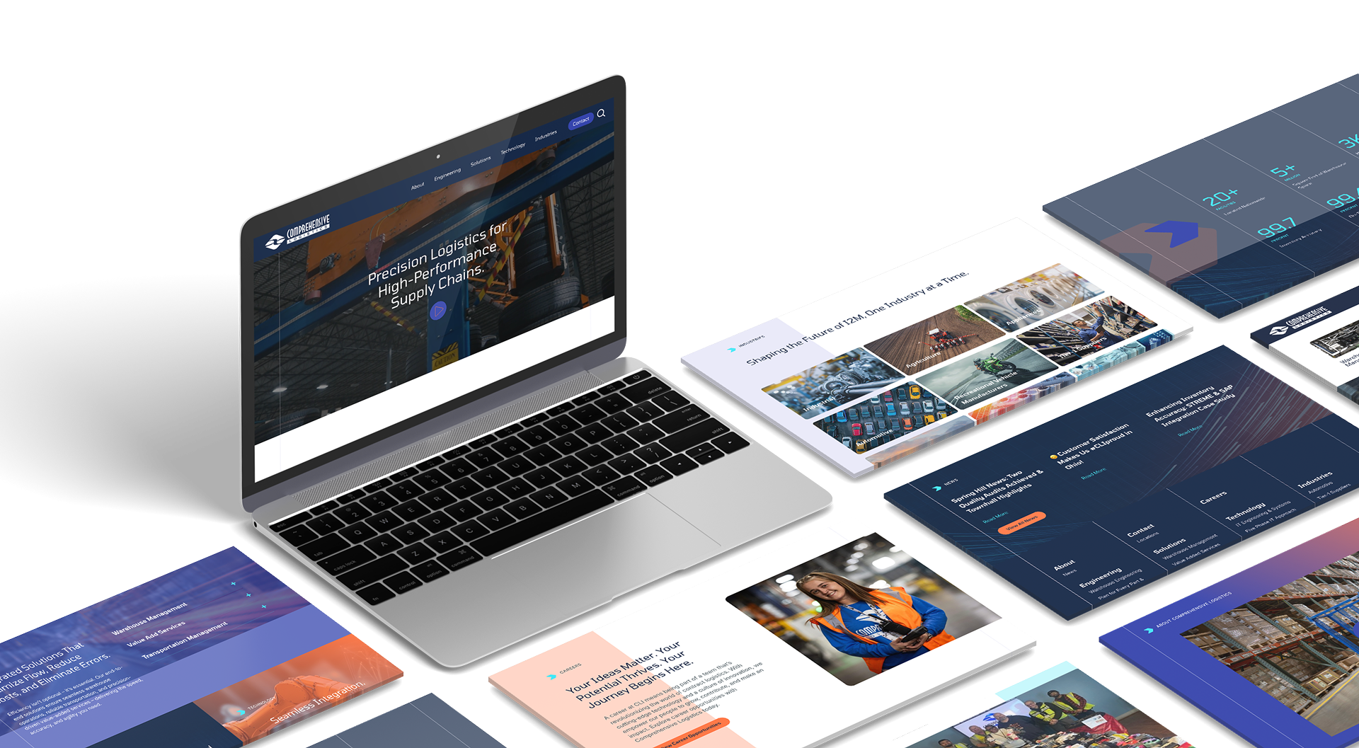 A sleek laptop displaying a logistics website is surrounded by several screen tiles showcasing various webpages. The tiles feature charts, statistics, and professional images of a logistics center and personnel.