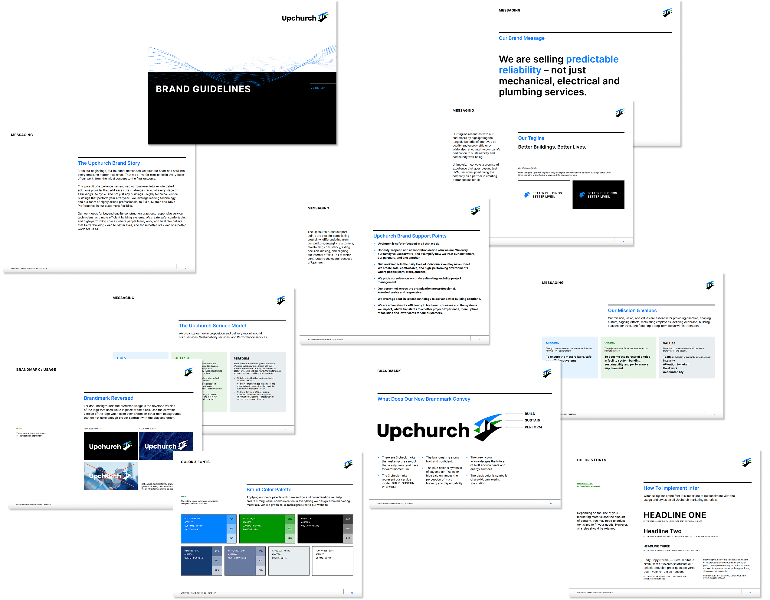A collage of brand guideline slides for Upchurch, featuring sections on brand history, service model, color palette, and typography. The slides include text and graphics outlining branding and service offerings.