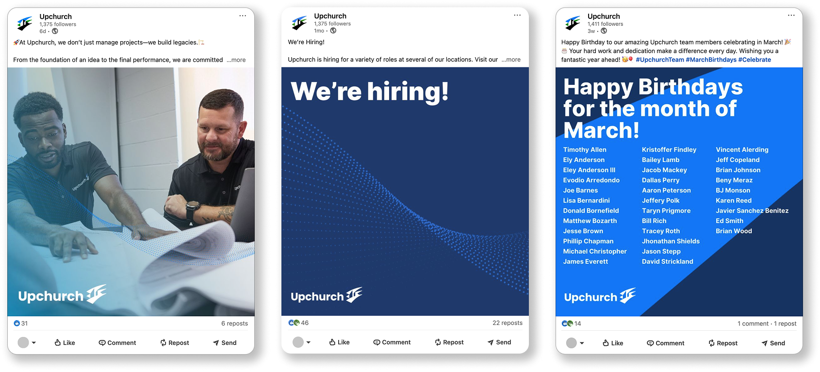 1st image: Two men reviewing documents, smiling. 2nd image: Were hiring! text on a blue background. 3rd image: Happy Birthdays for the month of March! with a list of names and a blue background.