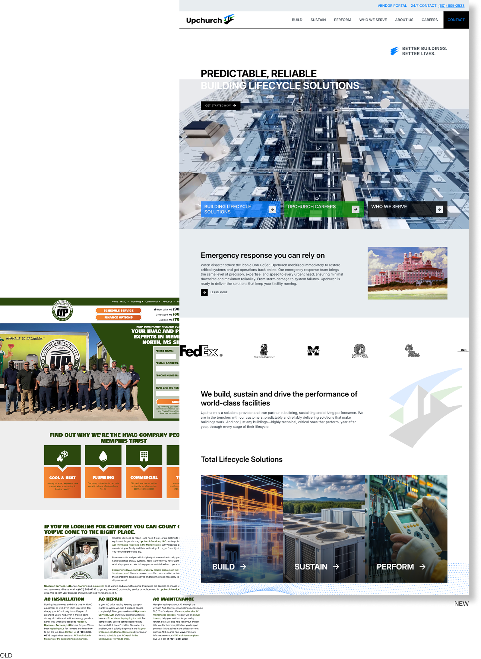 A collage of images and text showcasing Upchurch, a company providing building lifecycle solutions. Includes aerial views of urban infrastructure, team photos, partnership logos, and text highlighting building, sustaining, and performance solutions.
