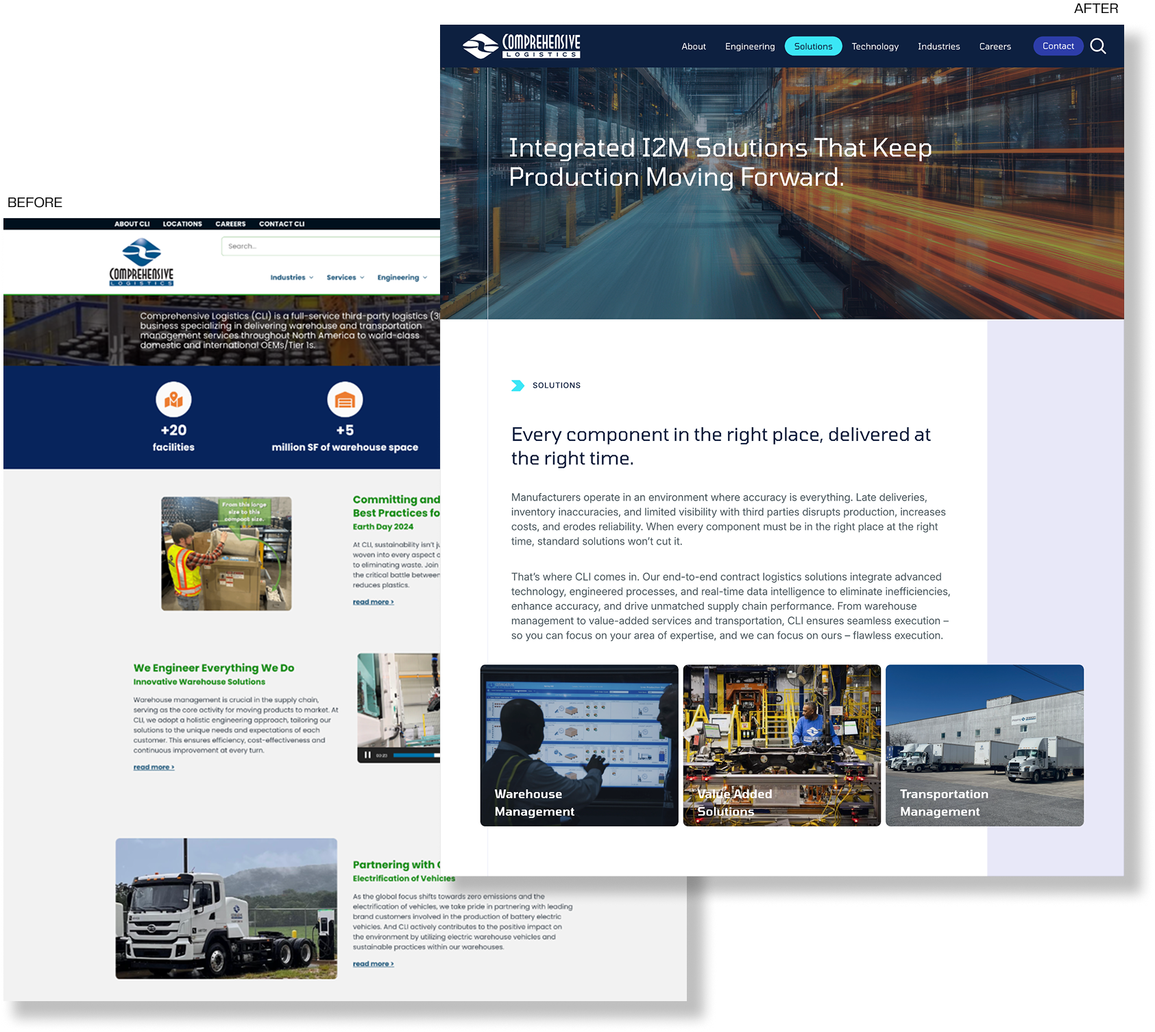 Screenshot showing two overlapping webpages from Cornerstone Automation Systems. The front page displays a navigation menu, header image, and sections about integrated solutions with images of warehouse and logistics operations.