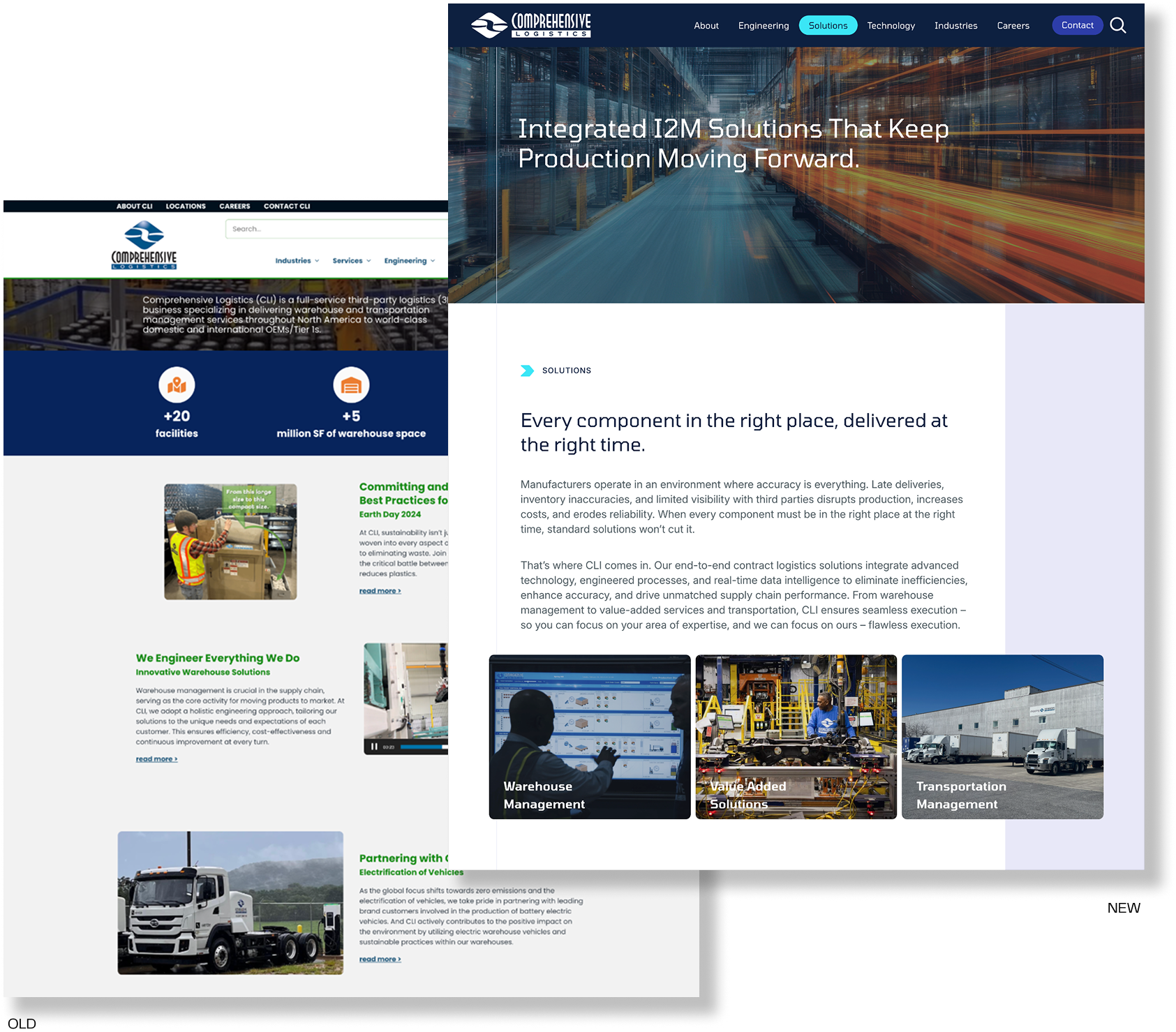 Collage of web pages from a logistics company showing facilities, solutions, and a tagline about keeping production moving forward. Images include a facility exterior, truck, and various logistics services like warehouse and transportation management.