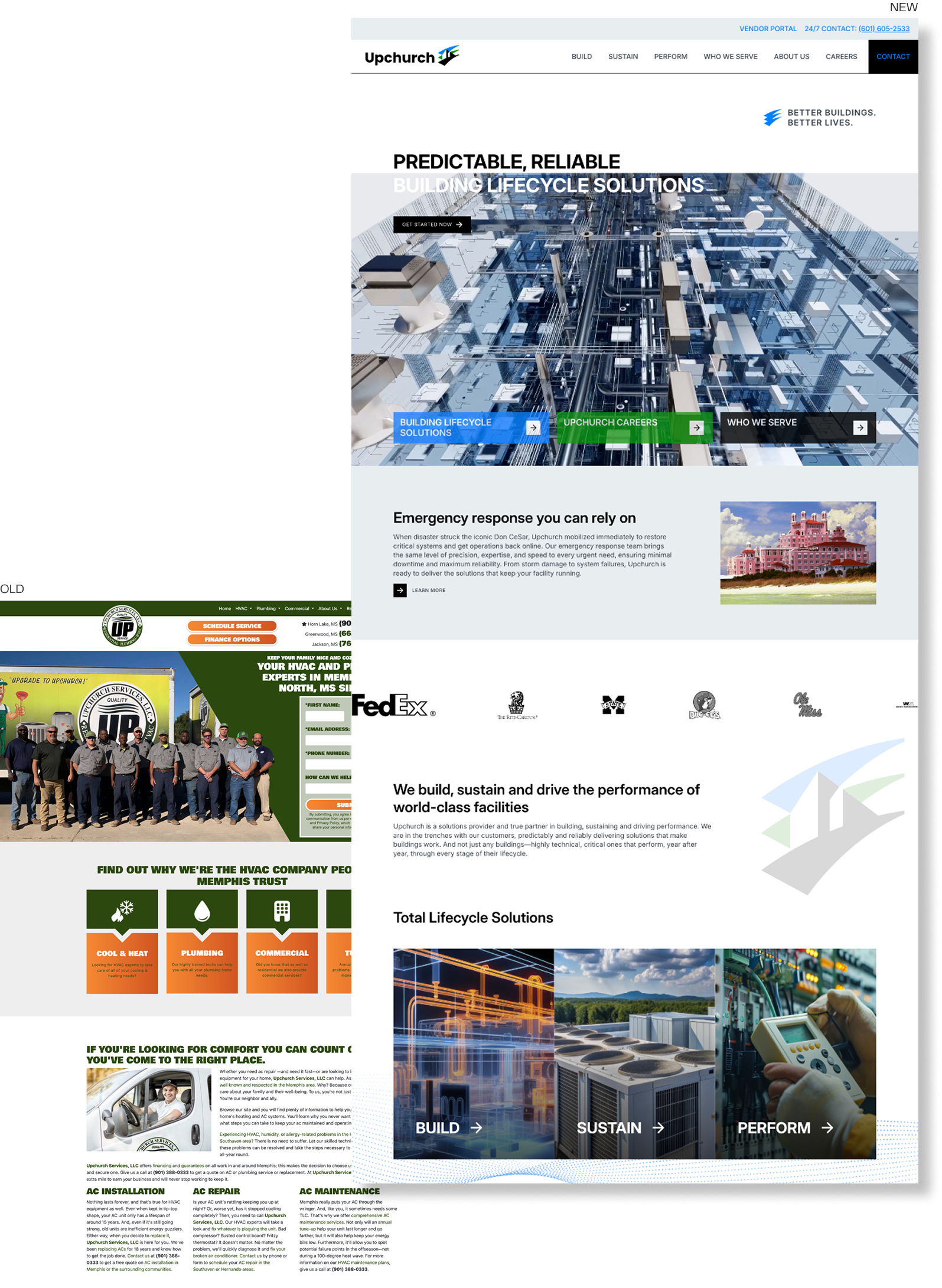 A collage of website screenshots featuring Upchurch Companies. The main site shows a cityscape, navigation menus, service icons, client logos, and building lifecycle solutions. Other sections feature teams and facility service details.