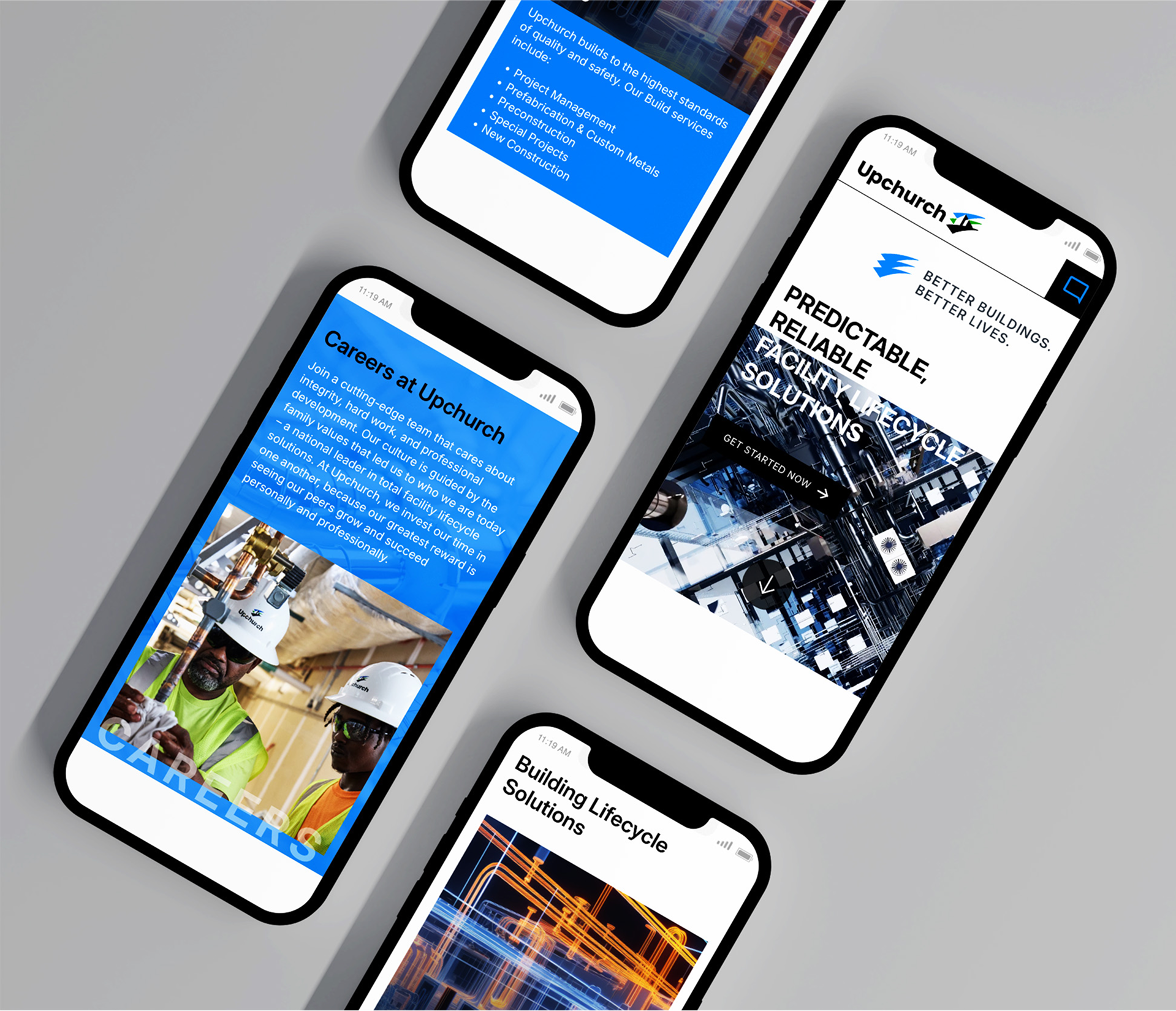 Five smartphones display a website for Upchurch, showcasing various sections: careers, building lifecycle solutions, and company information. The screens feature images of construction workers, blueprints, and text about predictable, reliable solutions.