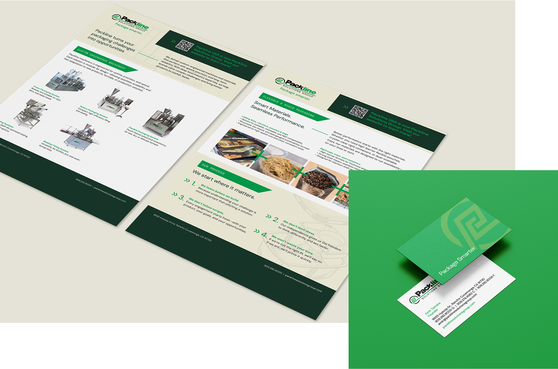Two brochures and a business card with a green and white design for a company called Packme Solutions, featuring machinery images, business information, and a stylized logo on a green background.