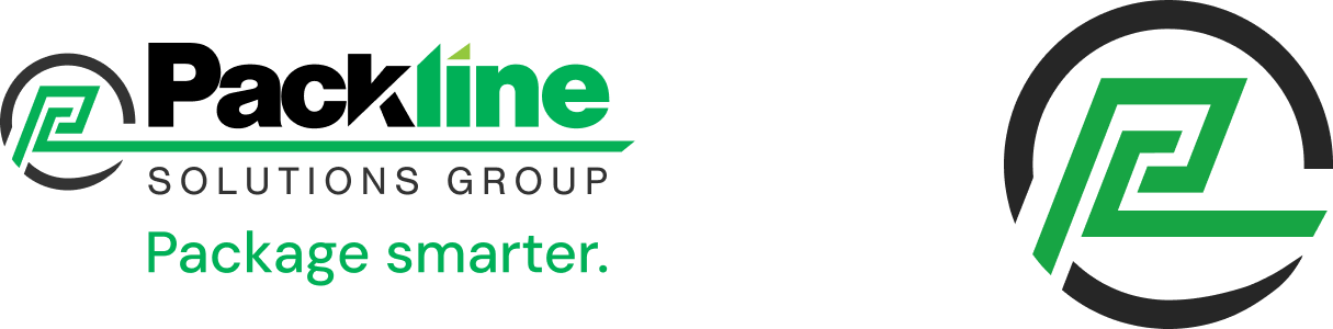 Logo for Line Solutions Group with a stylized green L emblem, a green line above the text, and the tagline Package smarter. A larger version of the emblem appears on the right side.