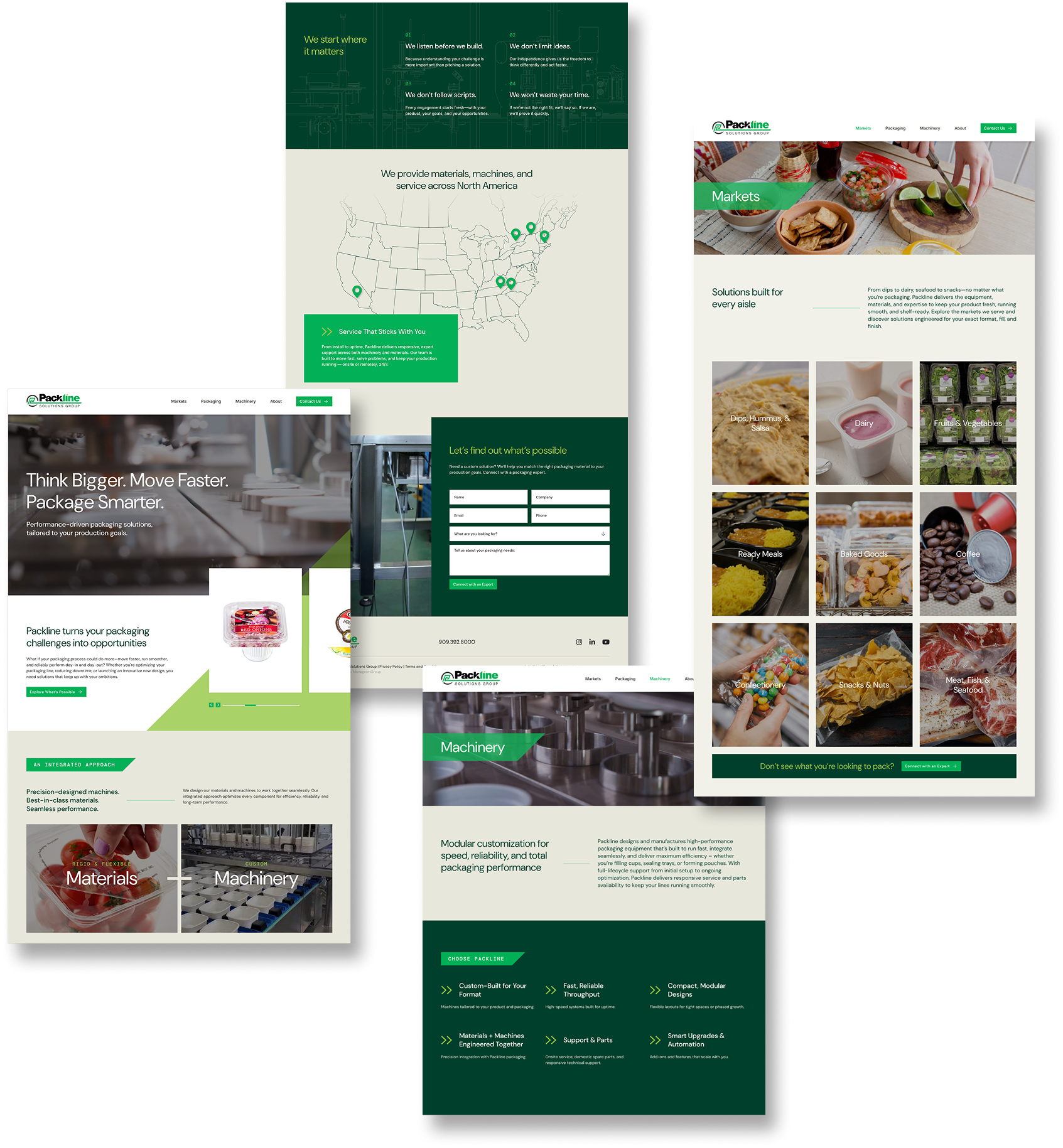 Four website mockups for a packaging company, featuring sections on materials, machinery, markets, a contact form, a U.S. map, and various images of food packaging and equipment on clean, modern web pages.