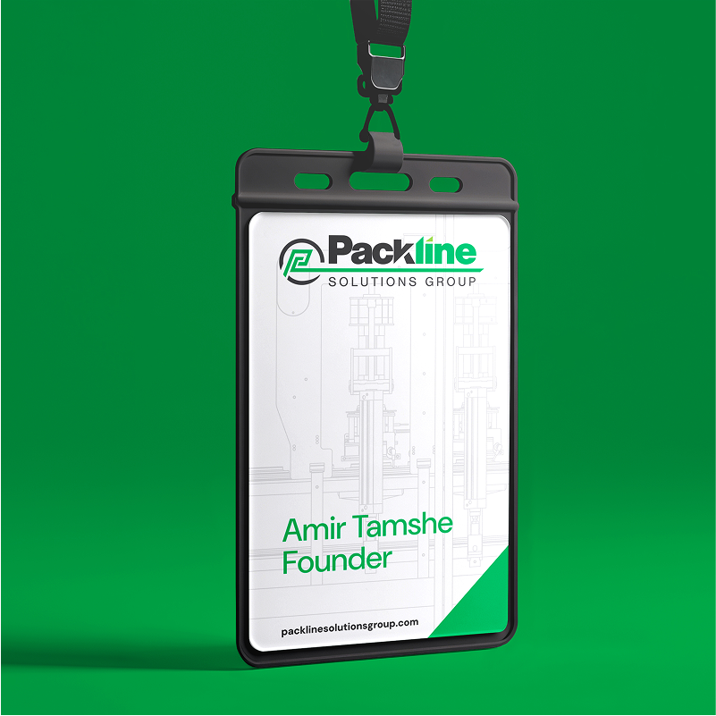A badge with Packline Solutions Group logo and text reads Amir Tamshe Founder on a white background, attached to a black lanyard, displayed against a solid green backdrop.