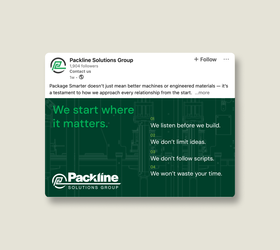A social media post from Packline Solutions Group displays their logo and tagline We start where it matters. The background is green with faint technical drawings. Four principles are listed: listening, no limits, flexible scripts, and not wasting time.