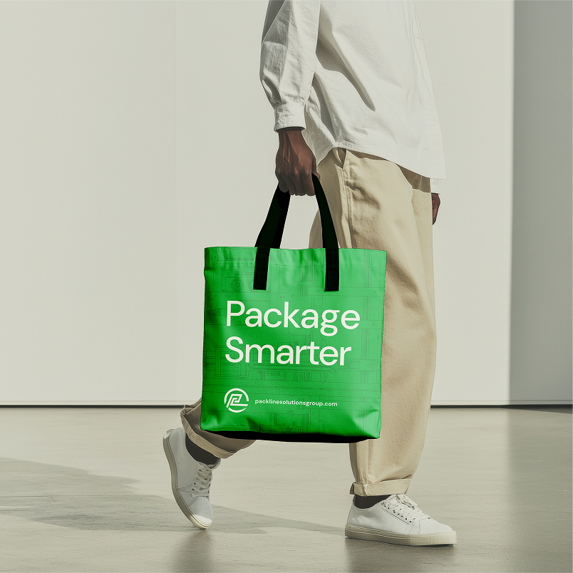 A person dressed in light-colored pants, a white shirt, and white sneakers holds a bright green tote bag with black handles that reads Package Smarter and features a logo and website at the bottom.