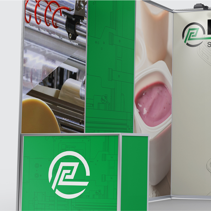 A trade show booth features green panels with technical line art and a white logo, alongside images of industrial machinery and a close-up of a container filled with pink yogurt-like substance.