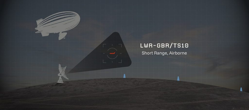 A graphic shows a radar on a hill tracking a blimp in the sky. The screen displays a target symbol, shaded radar beam, and text: LWR-GBR/TS10 Short Range, Airborne on a grid background.