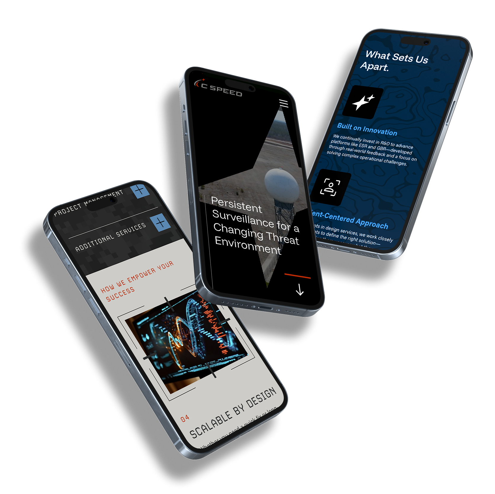 Three smartphones display different screens of a tech-focused website, featuring text about innovation, scalable design, persistent surveillance, and a digital graphic with a blue and orange interface.