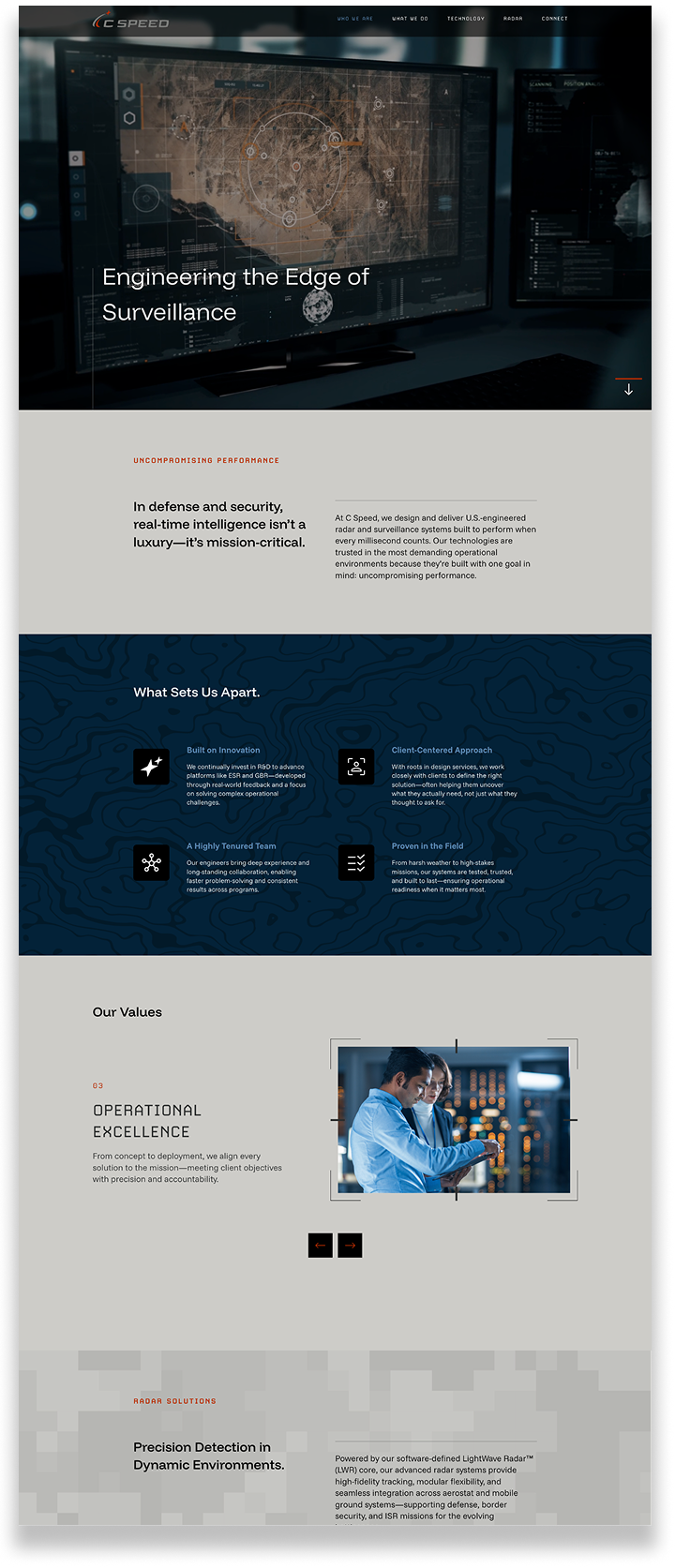 A website page displaying a high-tech surveillance interface, mission statement about defense and security, key differentiators, core values, and a section about precision detection in dynamic environments.