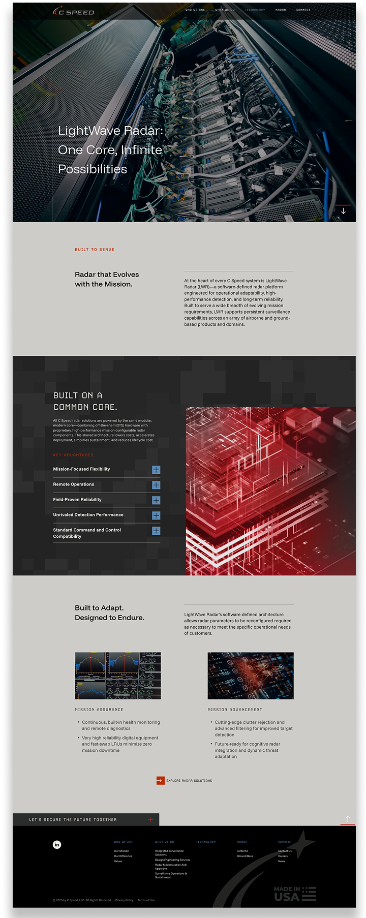 A website page featuring a radar technology system, with images of radar hardware, digital circuit graphics, and text describing LightWave Radar’s mission, core features, adaptability, and defense industry applications.