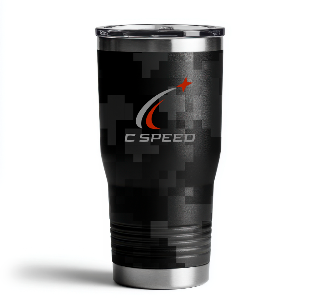 A black travel tumbler with a digital camo pattern, featuring the text C SPEED and a red swoosh with a star above it. The cup has a stainless steel rim and base.