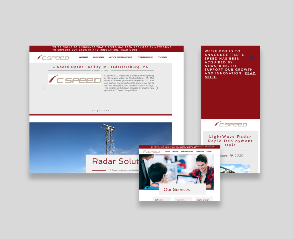 A collage shows different pages from the C Speed website, featuring announcements, navigation menus, a radar tower, and people working, all using a red and white color scheme.