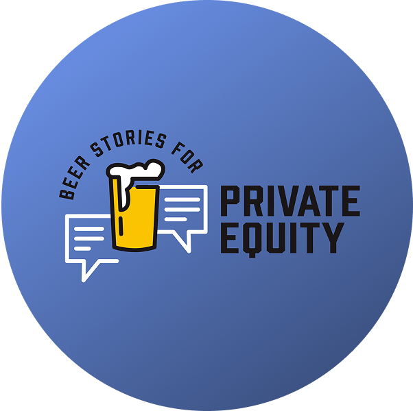 A yellow beer glass with foam sits in front of two speech bubbles. The text reads “Beer Stories for Private Equity” on a blue circular background, capturing moments of thought leadership and insightful conversation.
