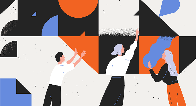 Three people with outstretched arms interact with abstract geometric shapes in black, orange, and blue on a light background, illustrating brand strategy creative & GTM through scenes of collaboration and innovative problem-solving.