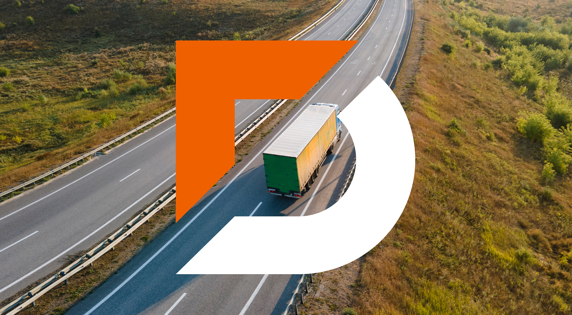 Aerial view of a green and white semi-truck driving on a divided highway through a rural landscape with green fields, overlaid by bold orange and white geometric shapes.