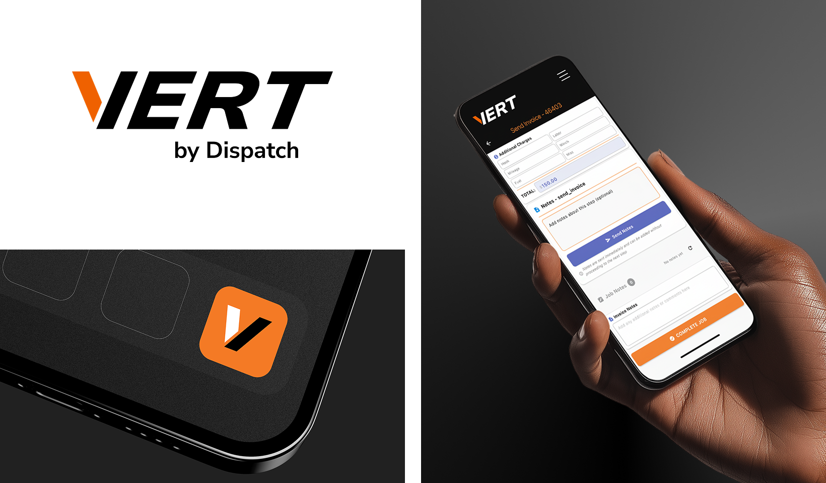 A collage showing the VERT by Dispatch logo, a VERT app icon on a laptop, and a hand holding a phone displaying the VERT app interface, all with black, white, and orange branding.