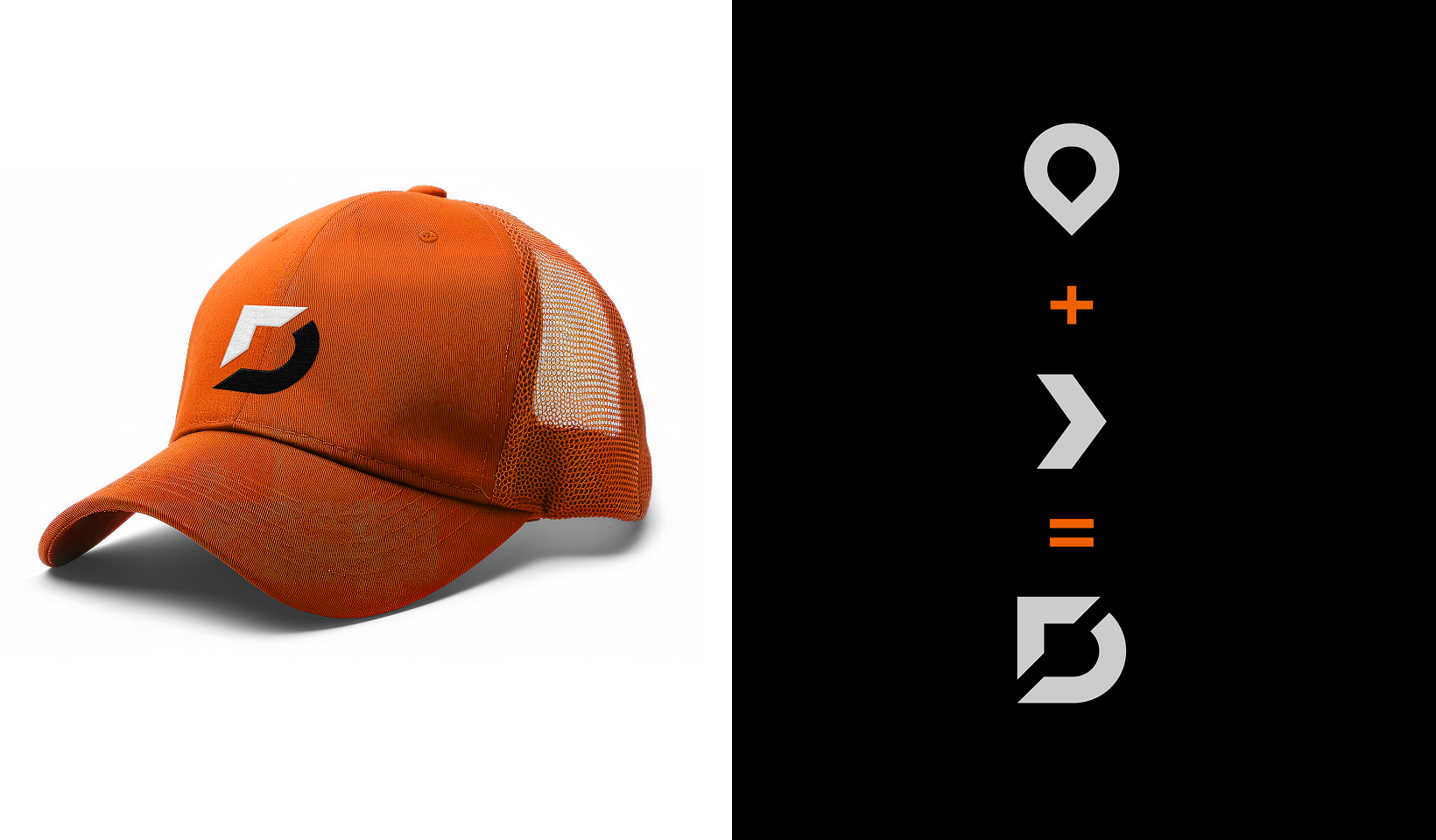 An orange mesh-back cap with a black and white geometric logo on the front. Beside it, symbols show the logos construction: a pin shape plus a greater-than sign forming the final logo.