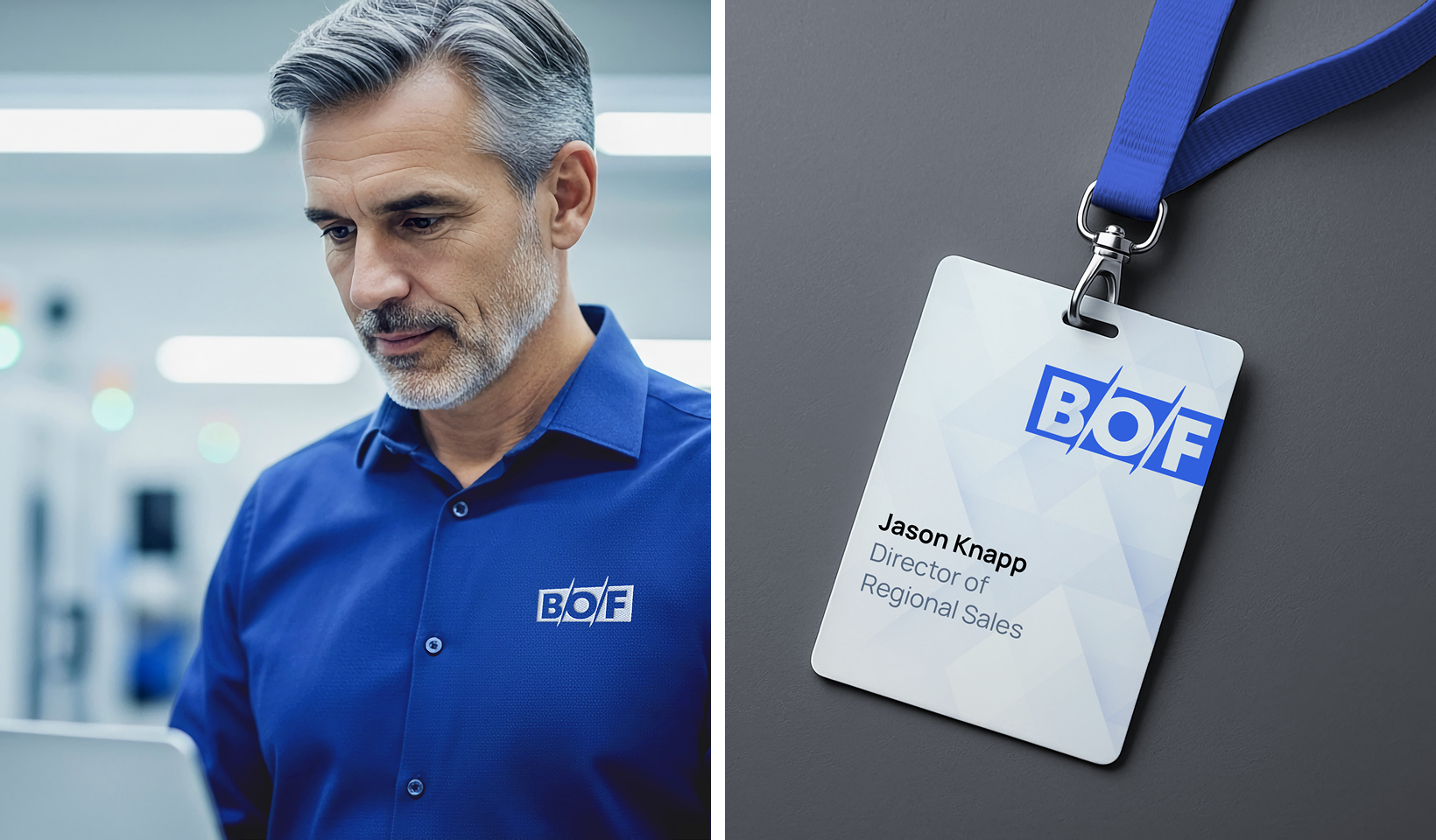 A man wearing a blue BOF-branded shirt looks down thoughtfully; next to him is a close-up of a BOF name badge on a blue lanyard labeled Jason Knapp, Director of Regional Sales.