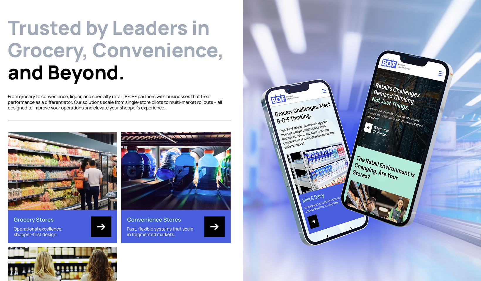 A split-screen image: left side shows people shopping in a brightly lit grocery store; right side shows two smartphones displaying a grocery business website with headlines about retail challenges and environmental changes.
