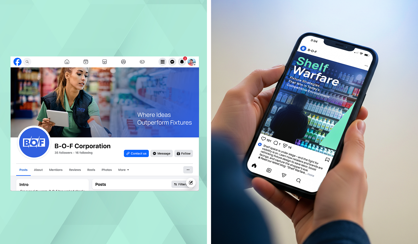 Split image: On the left, a woman in a blue shirt is seen on a Facebook business page for B-O-F Corporation. On the right, a hand holds a phone displaying a social media post about “Shelf Warfare” in a store setting.