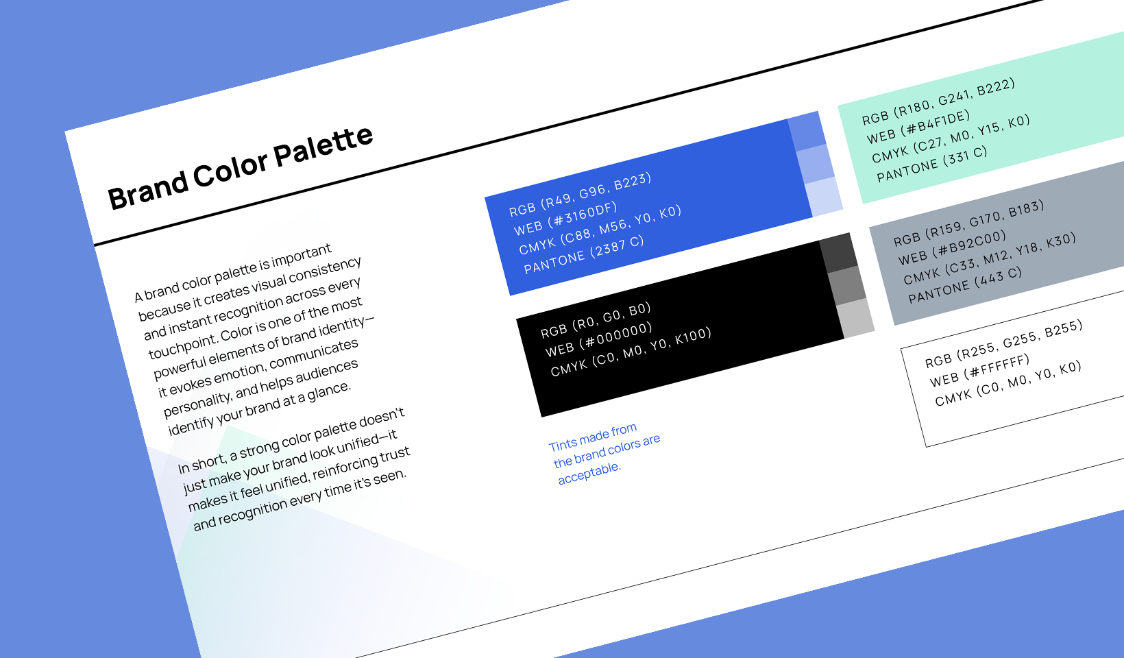 A digital slide displays a Brand Color Palette with sample color blocks, their RGB, WEB, CMYK, and Pantone values, and a brief description of the importance of brand consistency. The background is light blue and white.