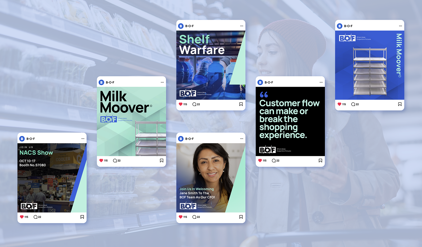 A collage of social media posts about retail solutions, featuring product images like empty shelves, shopping aisles, and promotional text such as Milk Moover, Shelf Warfare, and Customer flow can make or break the shopping experience.