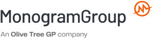 MonogramGroup logo with black text, An Olive Tree GP company below, and an orange circular symbol with a stylized line inside on the right.