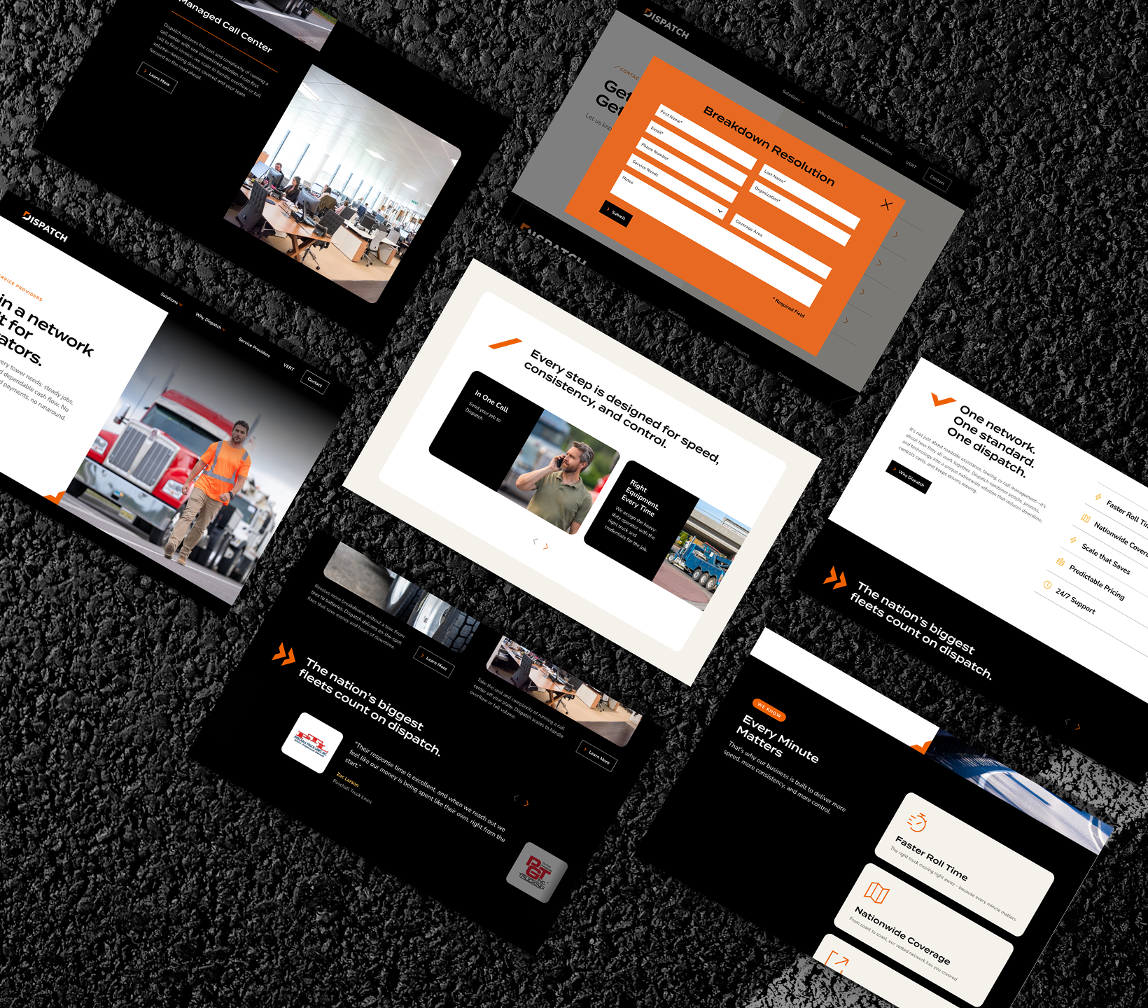 A top-down view of seven website mockup screens with a black and orange color scheme, displaying forms, images of people, text blocks, and icons, all laid out on a dark textured surface.