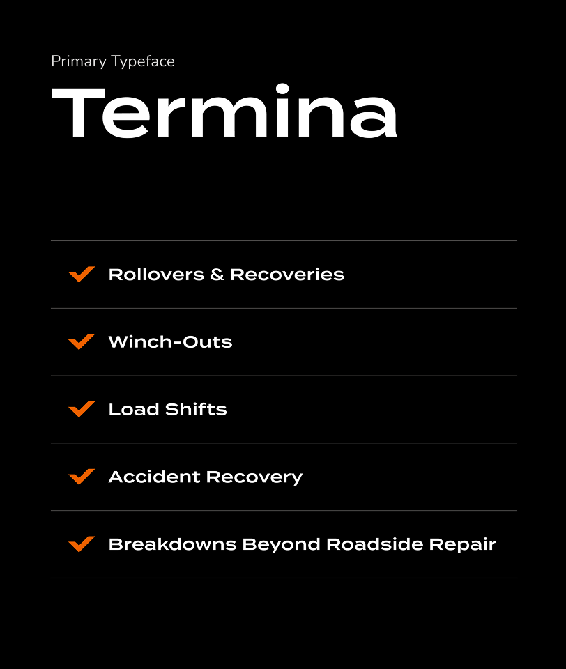 A black background with white and orange text lists services using check marks: Rollovers & Recoveries, Winch-Outs, Load Shifts, Accident Recovery, and Breakdowns Beyond Roadside Repair. Termina is shown as the primary typeface.