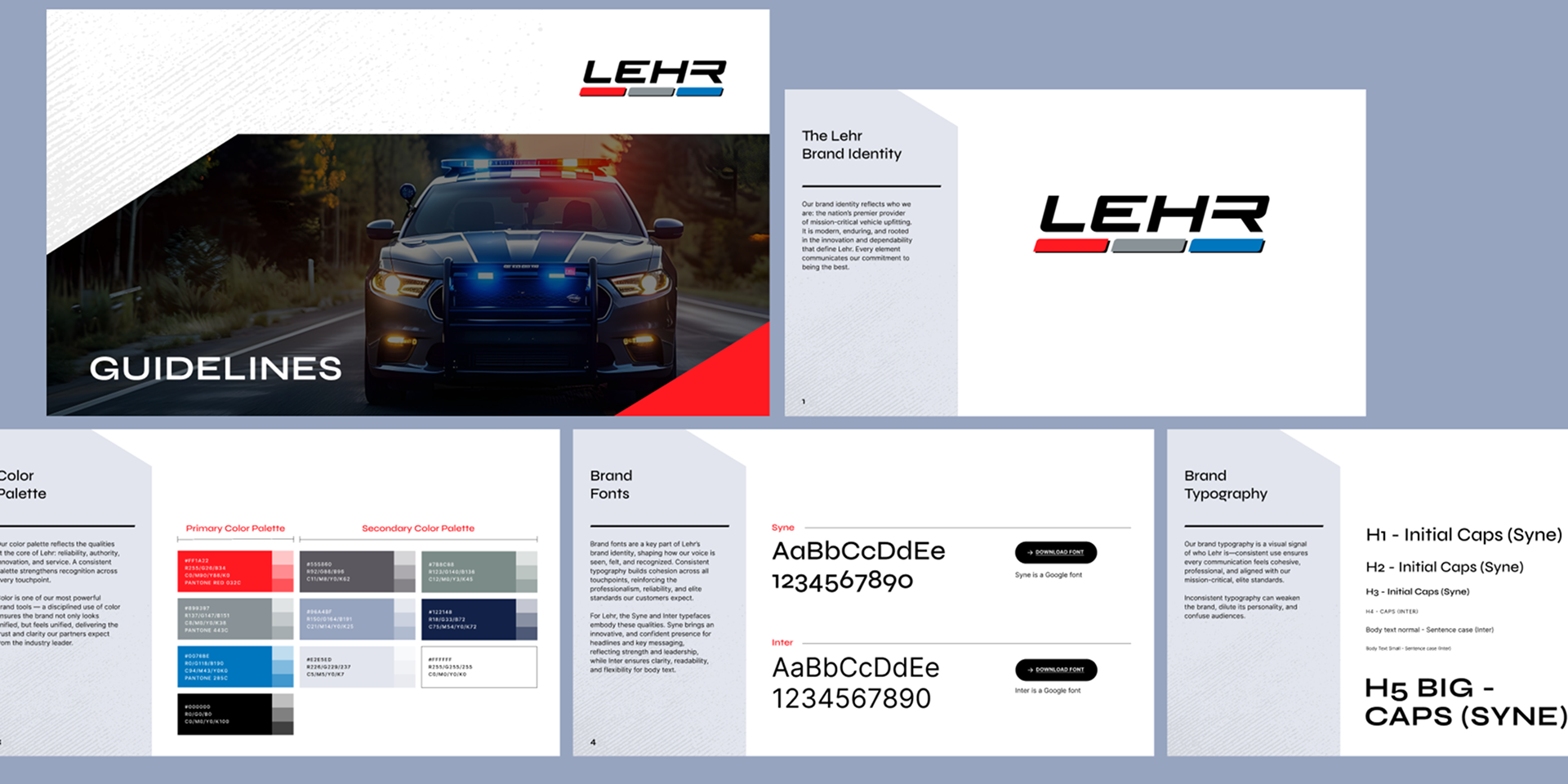 A branding guidelines document for LEHR displays color palettes, typography, a police car with flashing lights, and the LEHR logo with red, blue, and black accents on various clean, modern layouts.