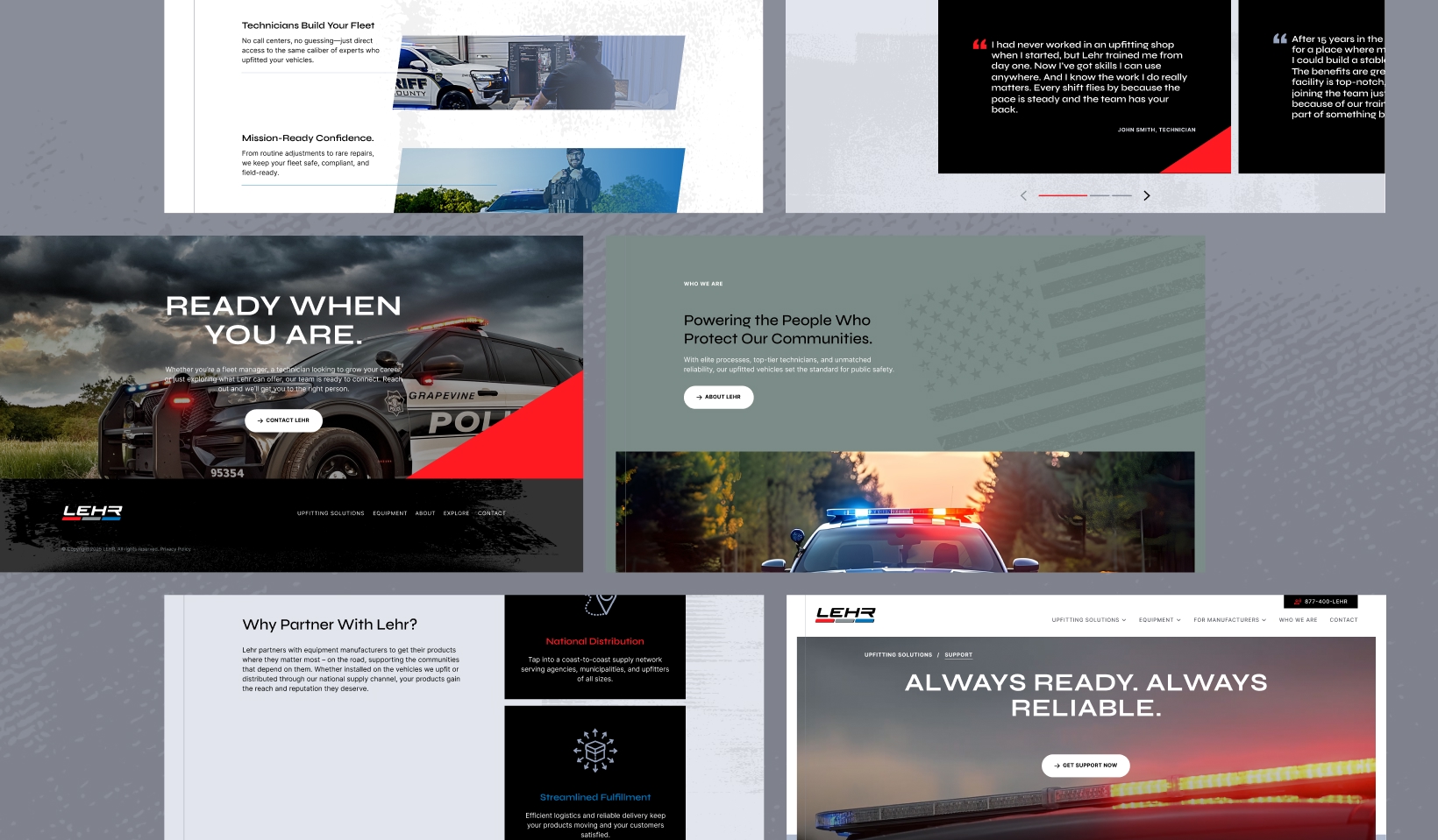 A collage of website mockups featuring police vehicles, officers, and text. The designs use bold fonts, dark backgrounds, red accents, and images of police cars with and without flashing lights, emphasizing readiness and reliability.