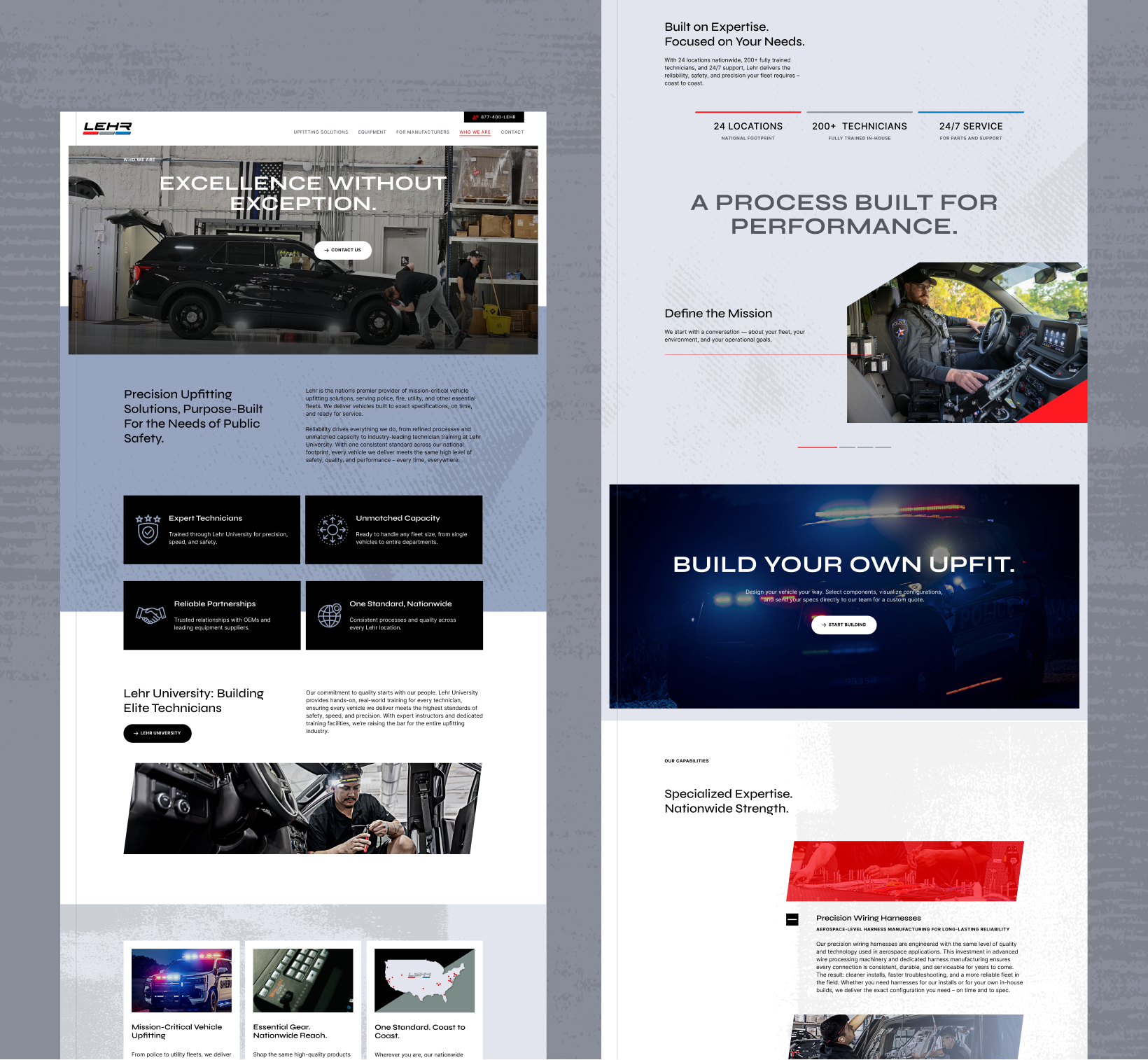 Screenshot of a modern website for a public safety vehicle upfitting company, featuring images of police vehicles, service details, a navigation menu, and sections on expertise, locations, and custom build options.