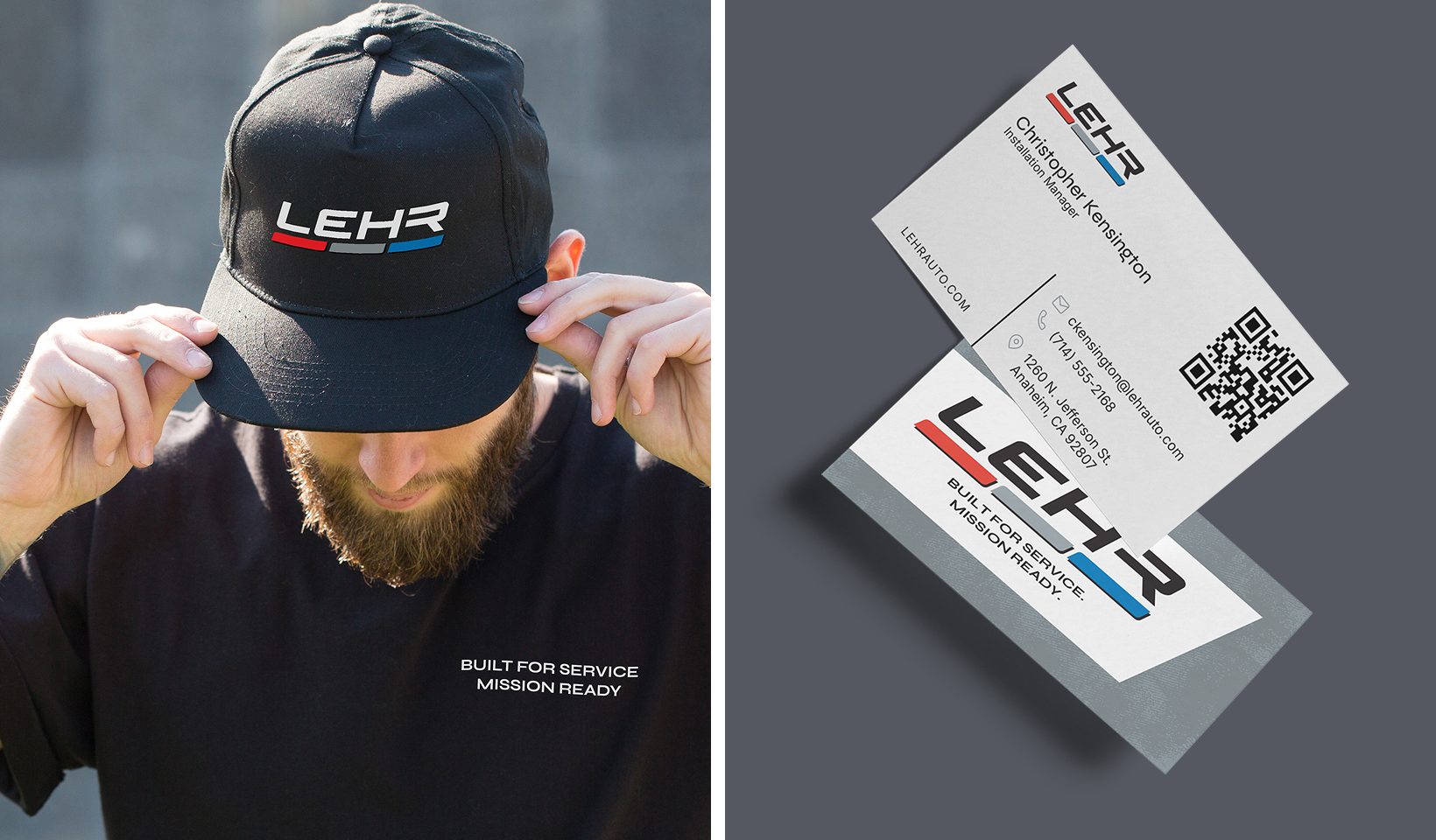 A man wears a black cap and shirt with the LEHR logo; text on his shirt reads BUILT FOR SERVICE MISSION READY. Next to him are two LEHR business cards, one featuring a QR code and logo in black, red, and blue.