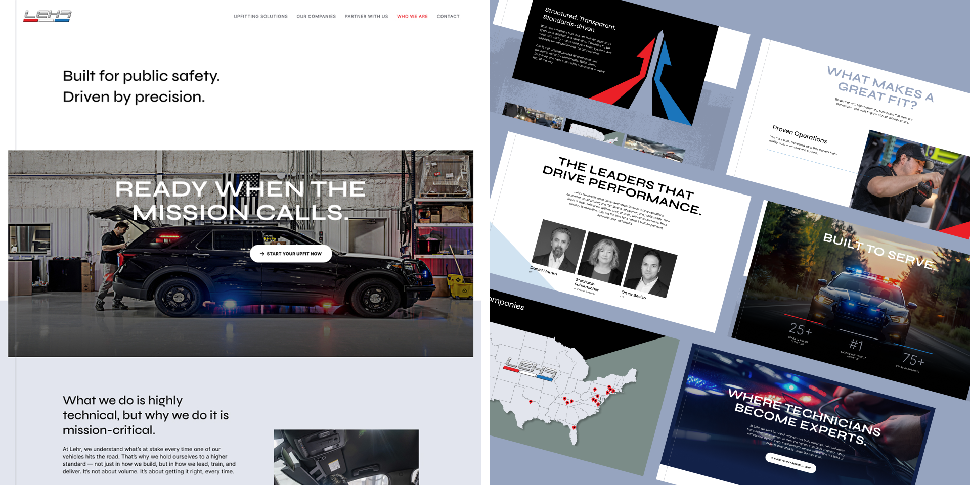 A split-screen image shows a website design on the left, featuring a police SUV in a garage with the text Ready when the mission calls, and various related website mockups on the right with images and maps.