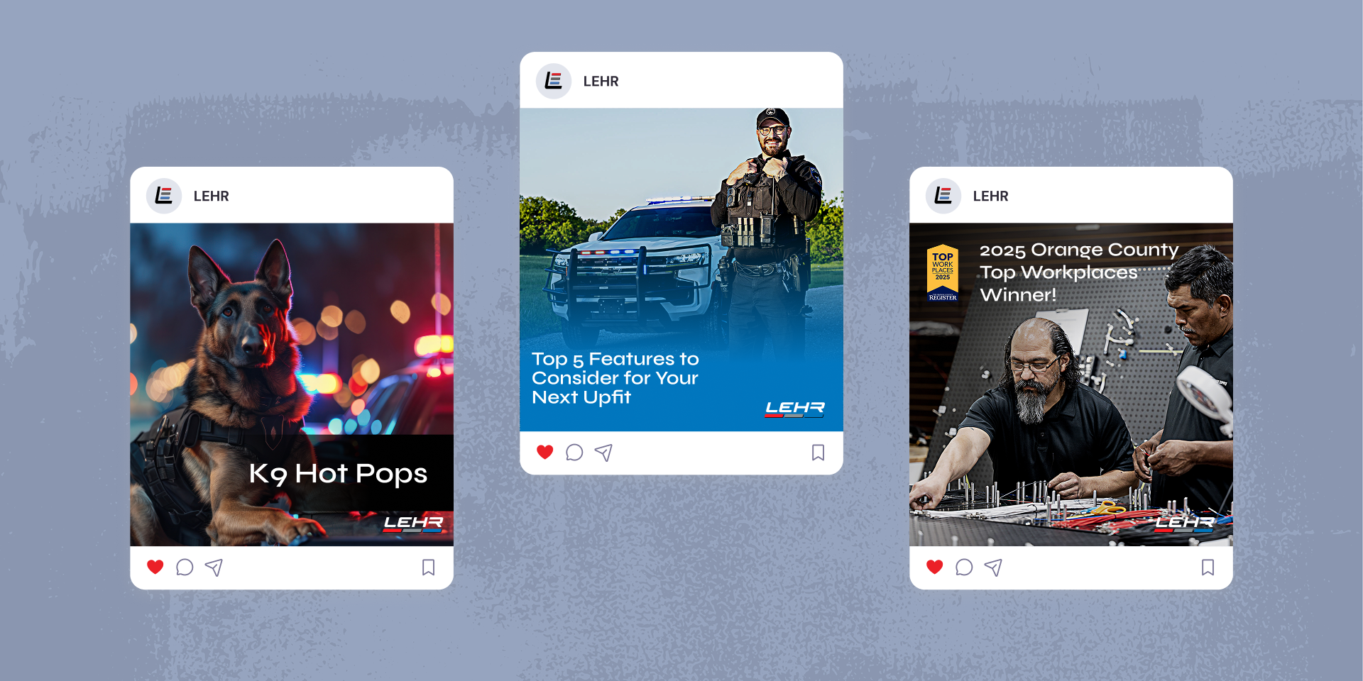 Three social media posts feature: a police dog with K9 Hot Pops, an officer by a patrol car with Top 5 Features to Consider for Your Next Upfit, and two men working with equipment, labeled 2023 Orange County Top Workplaces Winner.