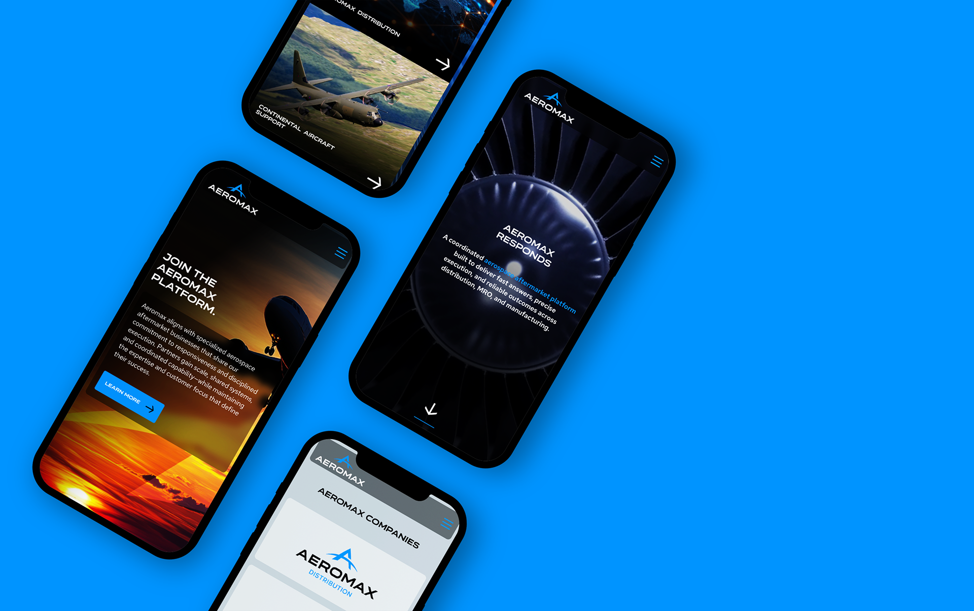 Four smartphones on a blue background display Aeromax’s aviation-themed mobile app, featuring airplane images, company logo, and sections inviting users to join the Aeromax platform and explore information.