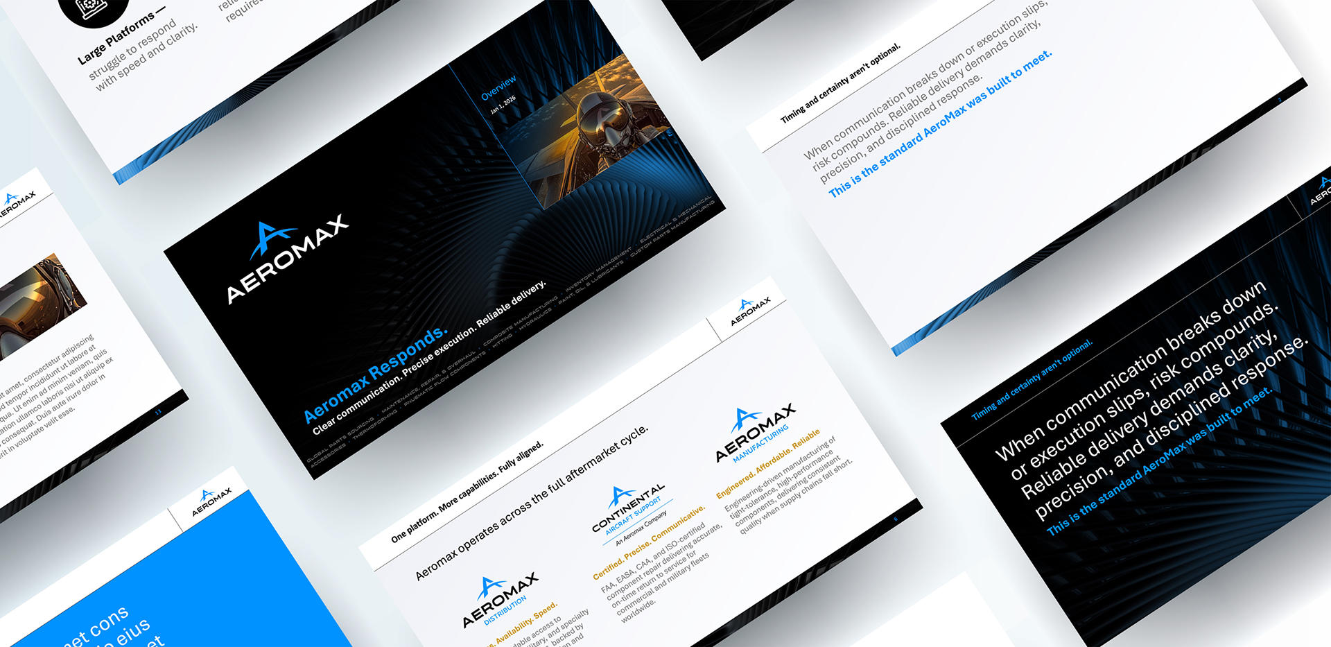 A collection of Aeromax presentation slides displayed at angles, featuring the Aeromax logo, text, and graphics related to technology, satellite imagery, and communication solutions.